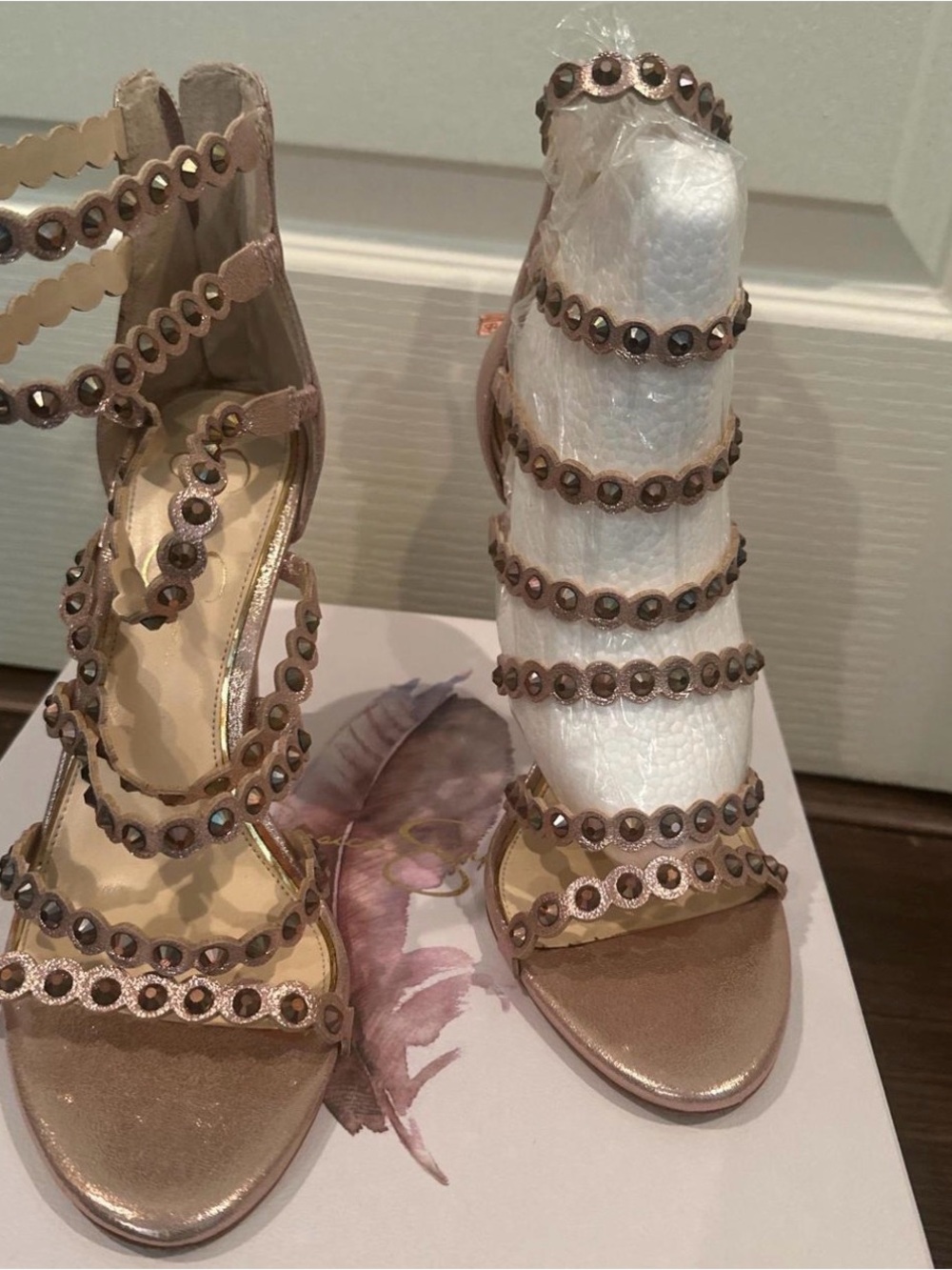 Jessica Simpson’s Strappy Metallic Rose Gold Heeled Sandals
